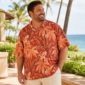 Tommy Bahama Mens XXL 100% Silk Hawaiian Shirt Rust Orange Floral Tropical Camp